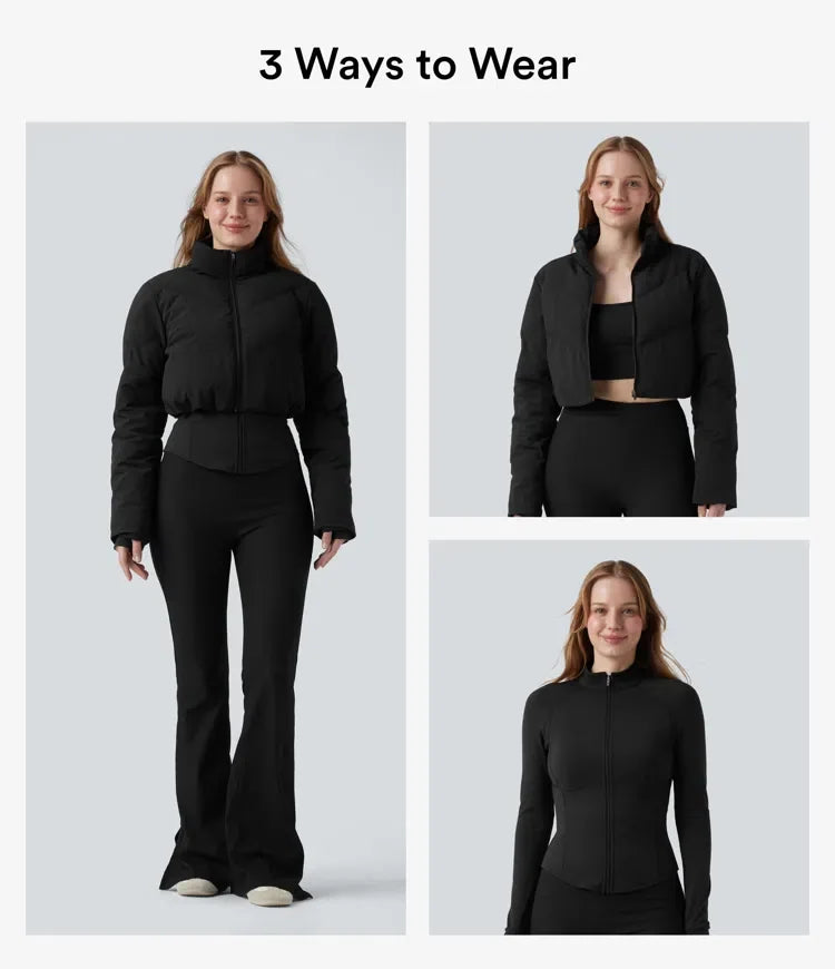 PuffFlex 3-in-1 Stand Collar Casual Cropped Puffer Coat &amp; Thumb Holes Curved Hem Jacket with Pocket