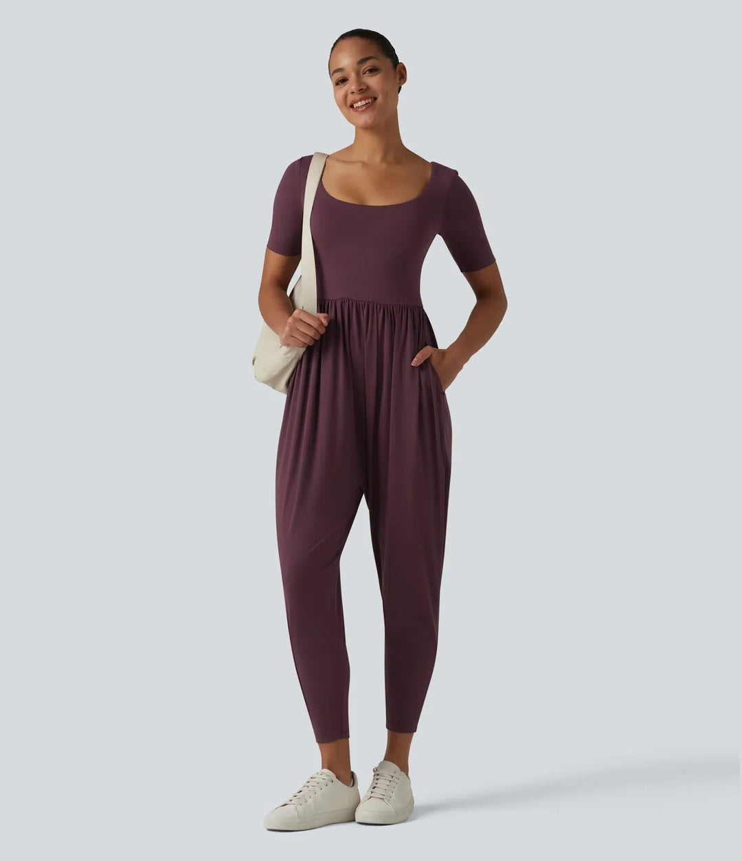 SoftlyZero Airy Scoop Neck Short Sleeve Built-in Bra InstantCool Casual Jumpsuit with Pockets-Easy Peezy Edition