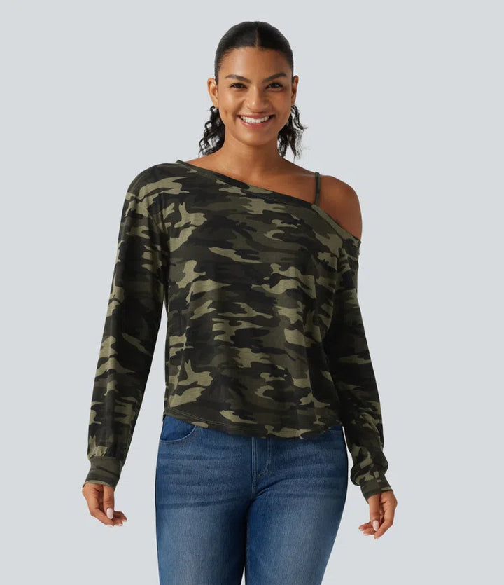 One Shoulder Long Sleeve Camo Casual Top