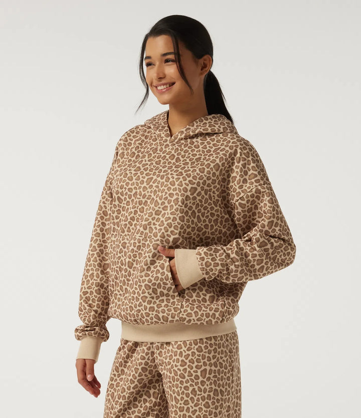 Hooded Long Sleeve Leopard Print Casual Sweatshirt with Pocket