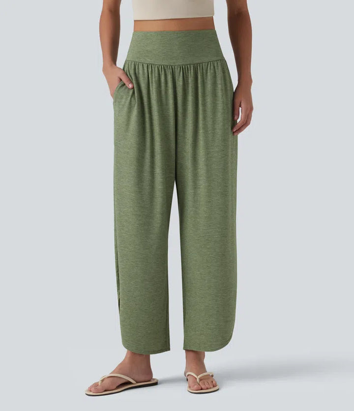 High Waisted Tummy Control Curved Hem Casual Trousers with Pockets