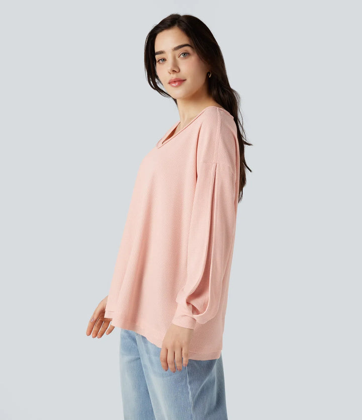 Scoop Neck Long Sleeve Waffle Casual Sweatshirt
