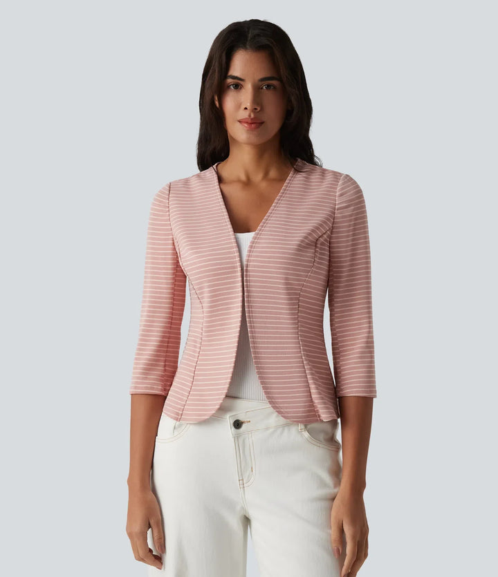 Ribbed Knit V Neck Open Front 3/4 Sleeve Stripe Casual Blazer