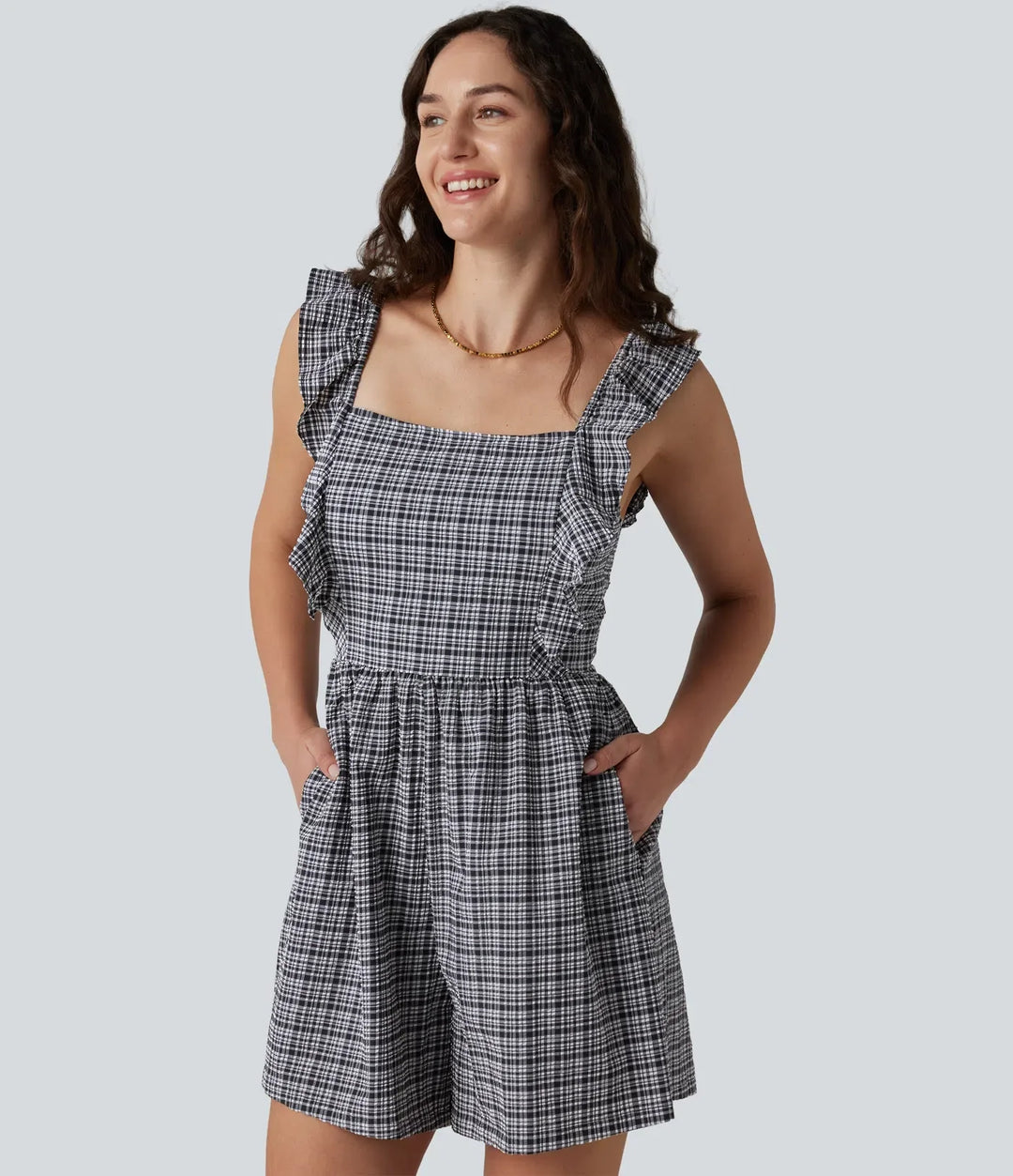 Twisted Backless Ruffle Plaid Crinkle Quick Dry Casual Romper with Pockets-Easy Peezy