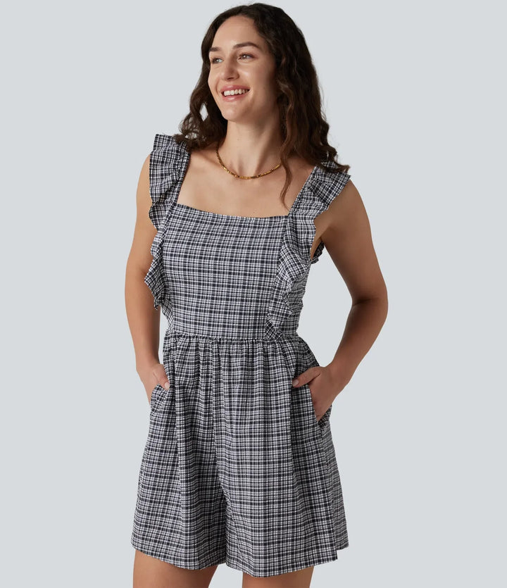 Twisted Backless Ruffle Plaid Crinkle Quick Dry Casual Romper with Pockets-Easy Peezy