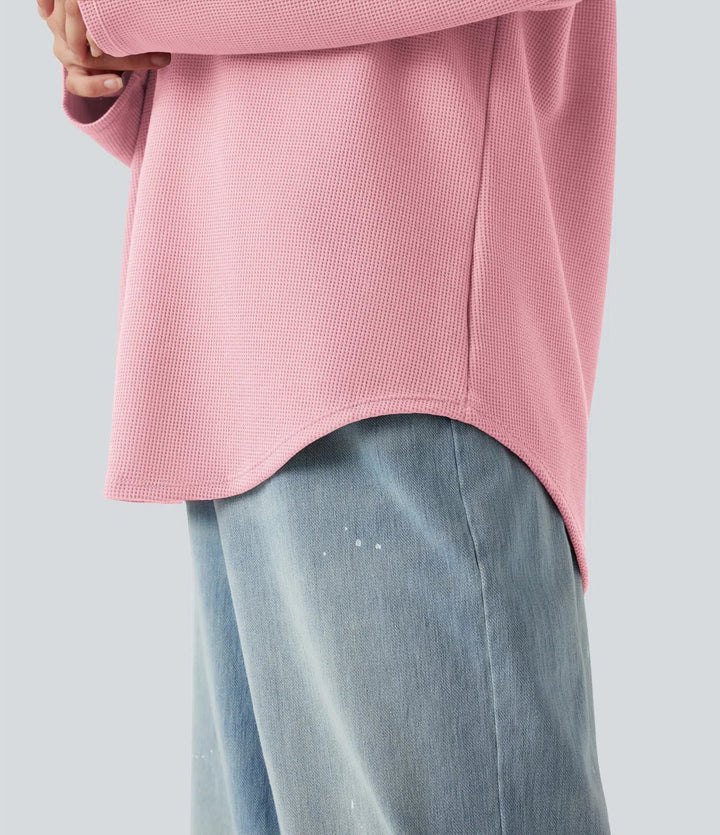 Hooded Drawstring Long Sleeve Curved Hem Waffle Casual Sweatshirt with Pocket