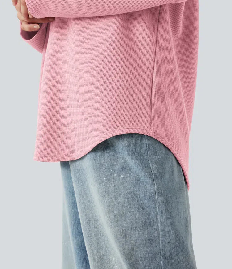 Hooded Drawstring Long Sleeve Curved Hem Waffle Casual Sweatshirt with Pocket
