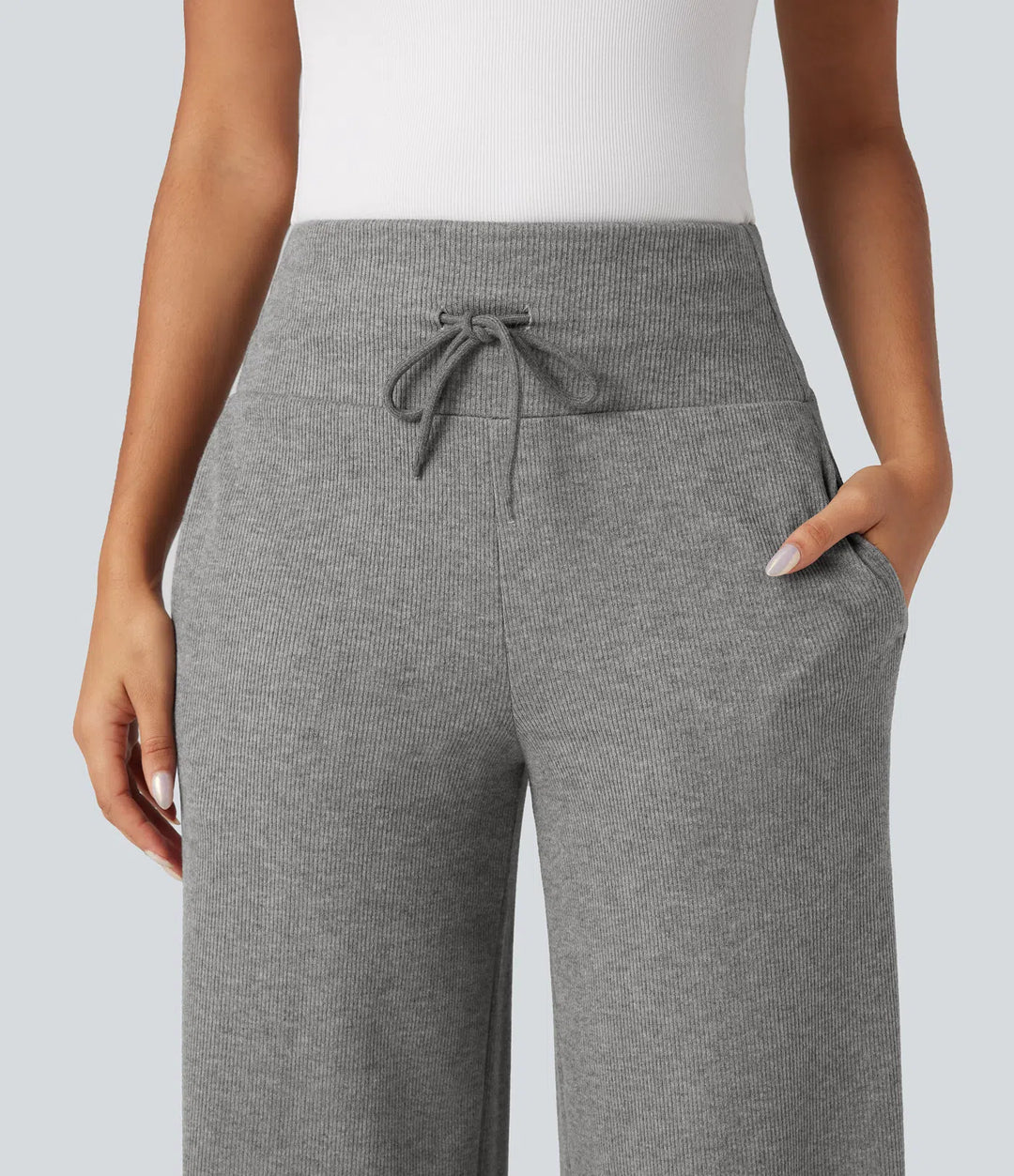 Ribbed Knit High Waisted Tummy Control Drawstring Casual Wide Leg Trousers with Pockets