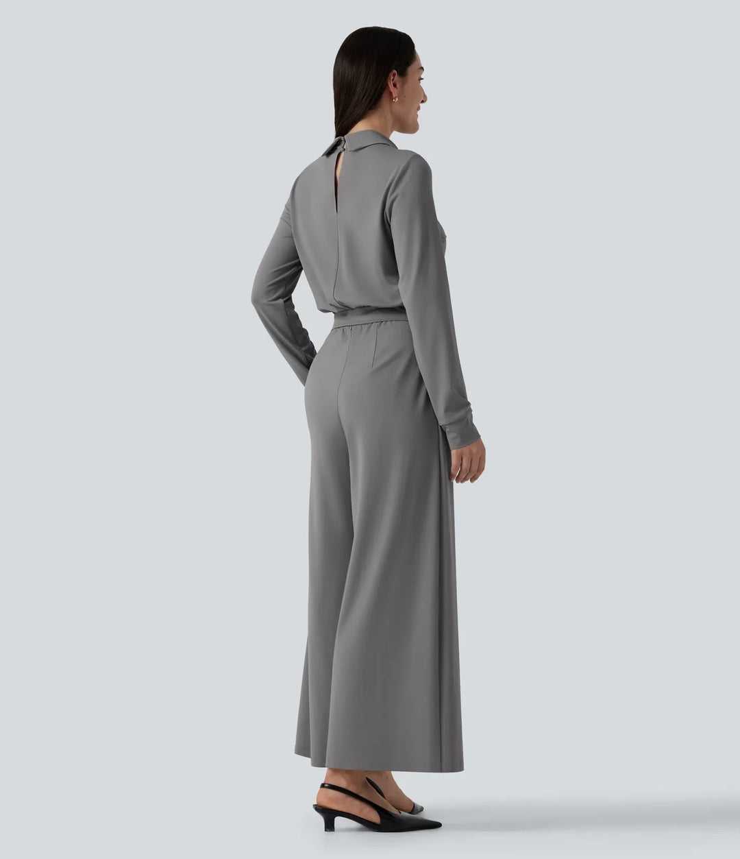 V Neck Long Sleeve Wide Leg Work Jumpsuit with Pockets-Easy Peezy Edition