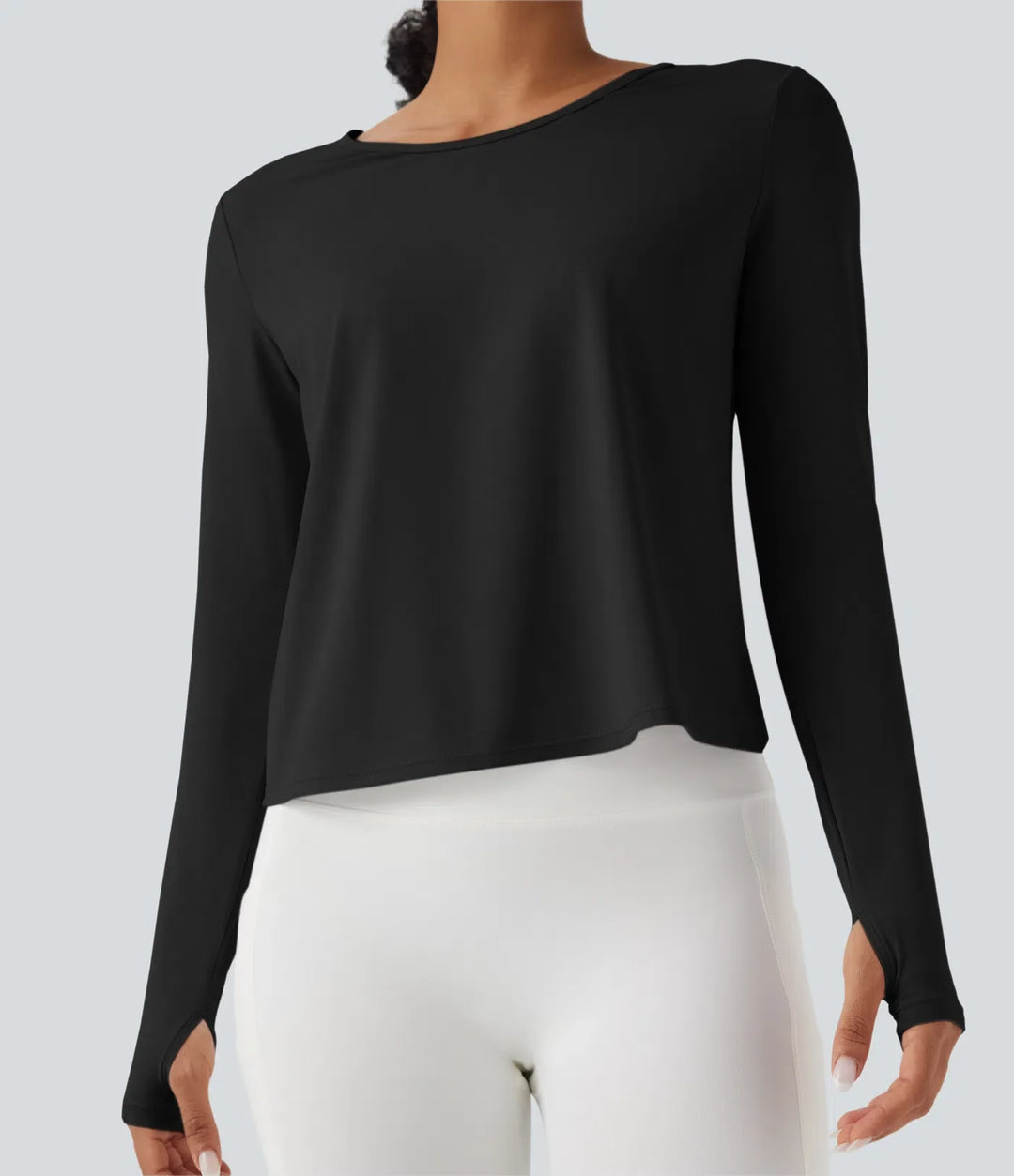 Long Sleeve Thumb Hole Crossover Curved Hem Yoga Sports Top