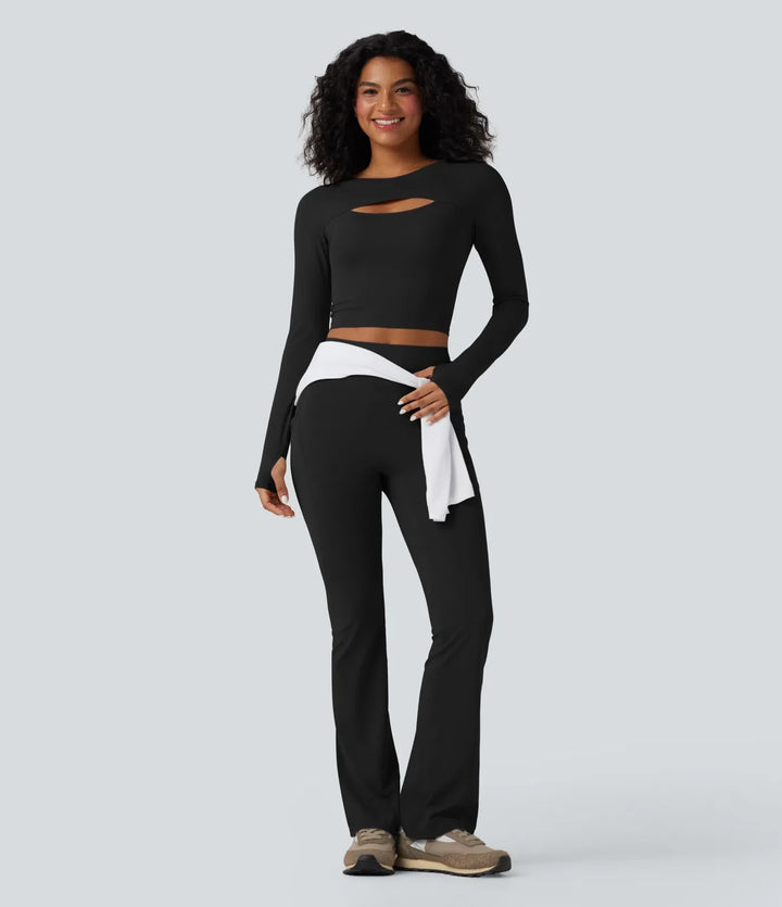 SoftlyZero QuickDry Cut Out Long Sleeve Thumb Hole Cropped Yoga Sports Top