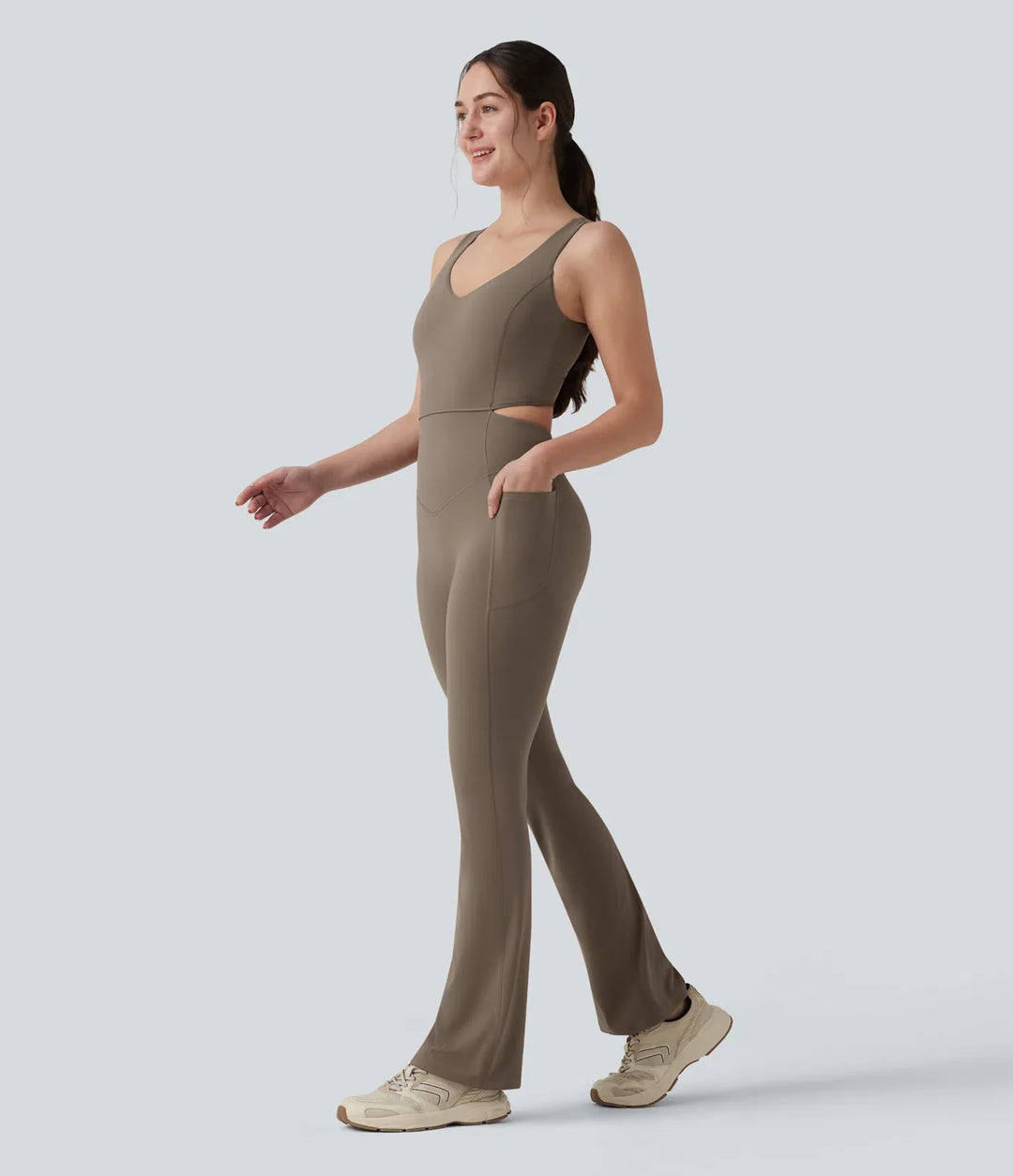 Halara UltraSculpt Crisscross Backless Tummy Control Butt Lifting Scrunch Non-Removable Pad Workout Flare Jumpsuit with Pockets-Easy Peezy
