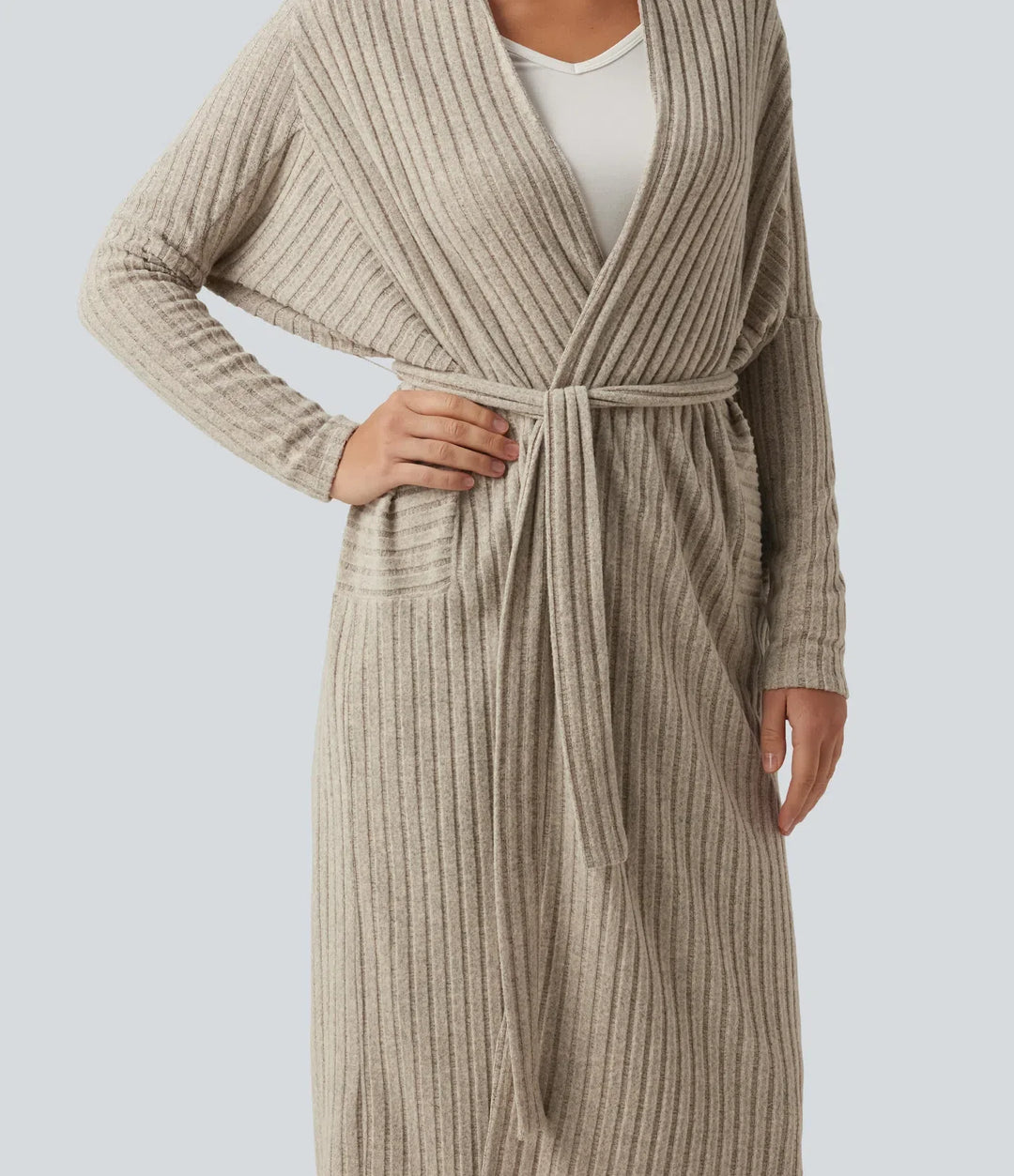 Ribbed Knit Batwing Long Sleeve Belted Casual Longline Cardigan