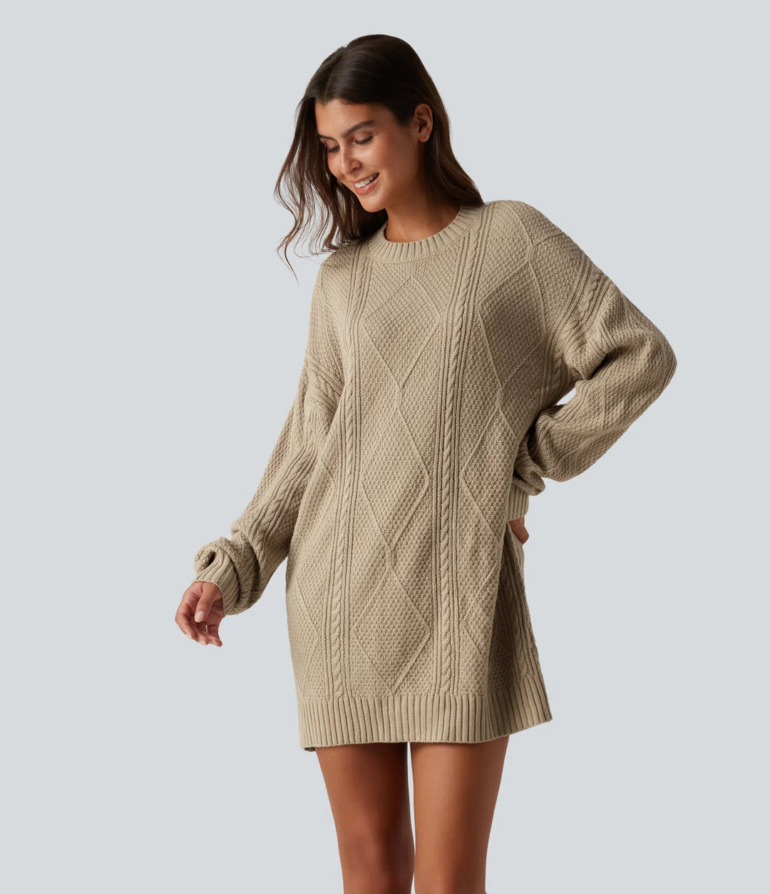 Round Neck Long Sleeve Cable Knit Mini Casual Jumper Dress