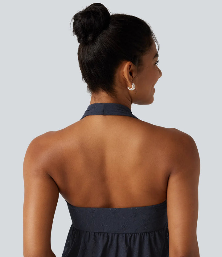 Halter Backless Ruffle Hem Built-in Bra Casual Lace Blouse