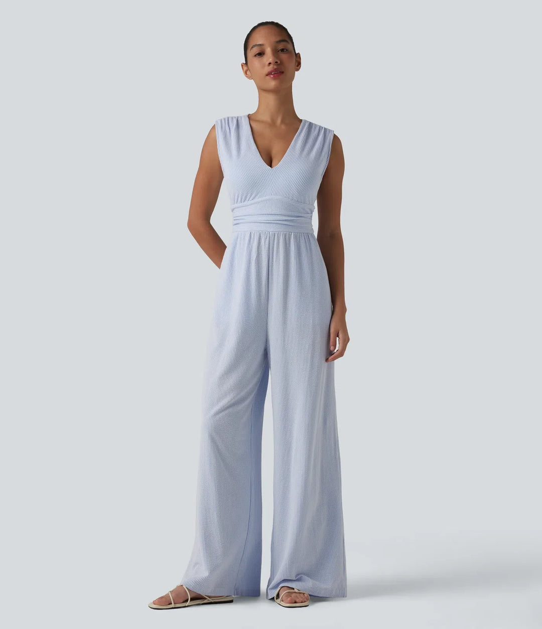 V Neck Sleeveless Built-in Bra Stripe Casual Jumpsuit with Pockets-Easy Peezy Edition