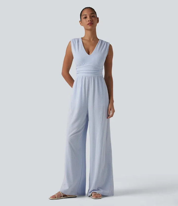 V Neck Sleeveless Built-in Bra Stripe Casual Jumpsuit with Pockets-Easy Peezy Edition