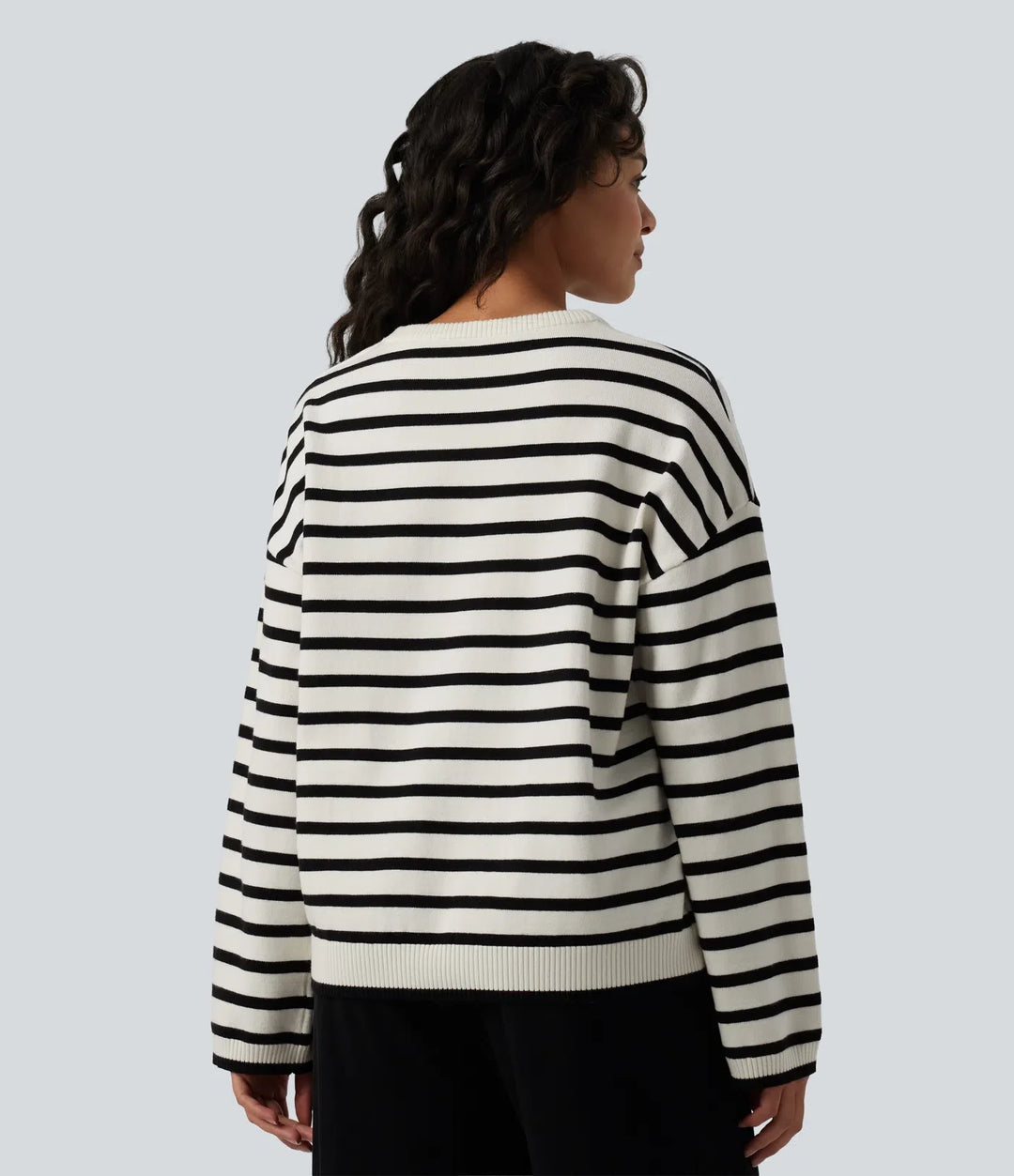 Round Neck Long Sleeve Stripe Decorative Button Casual Jumper