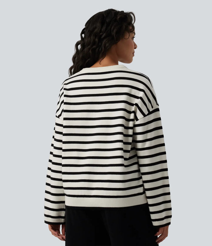 Round Neck Long Sleeve Stripe Decorative Button Casual Jumper