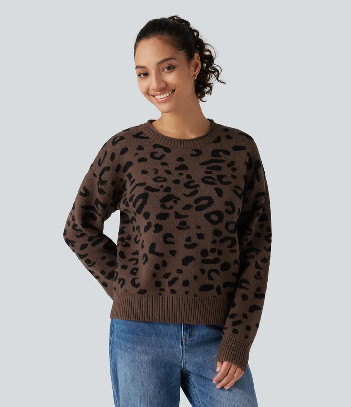 Round Neck Leopard Print Long Sleeve Casual Jumper