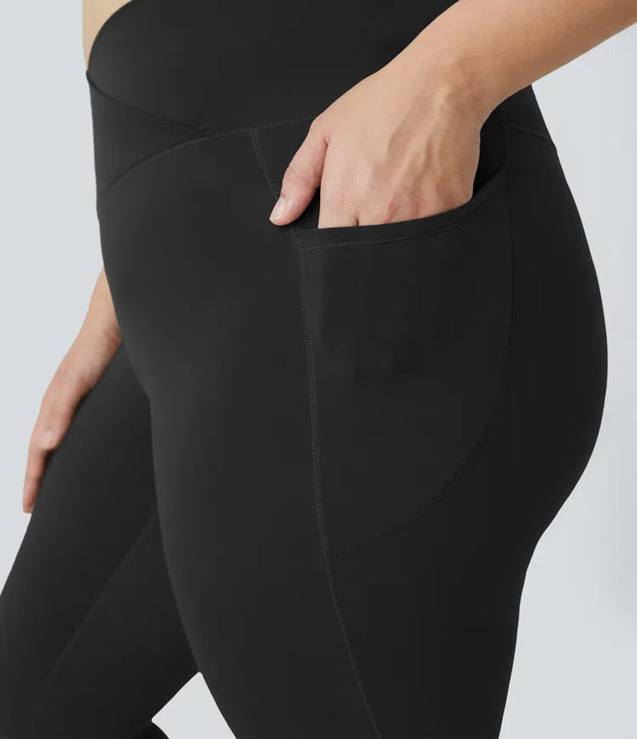 SoftlyZero High Waisted Crossover Pocket Plain Plus Size Full Length Leggings