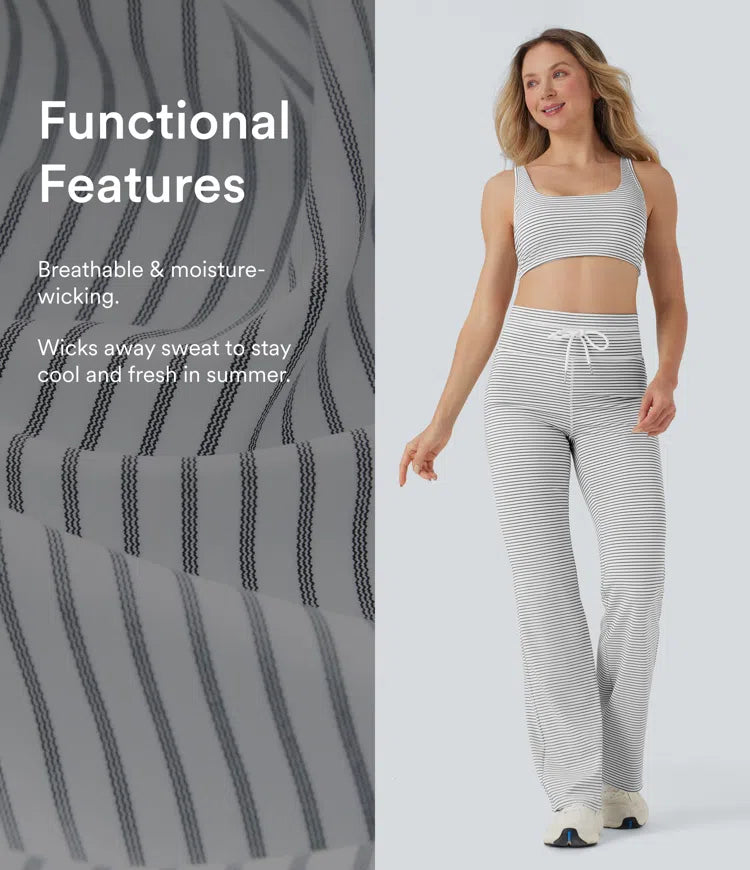 High Waisted Drawstring Stripe Flared Yoga Trousers with Pockets