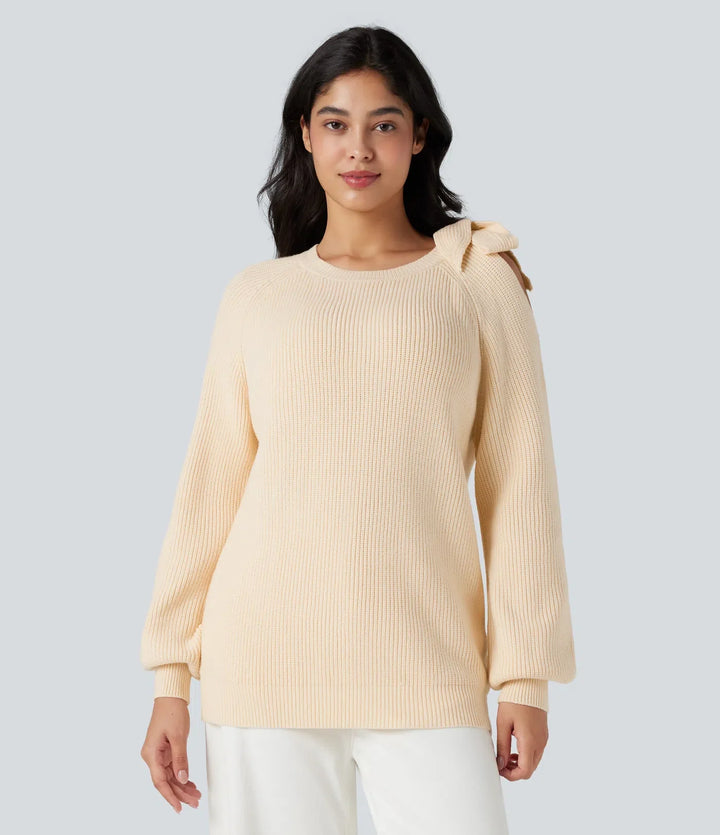 Round Neck Tie Side Long Sleeve Jumper Knit Casual Top