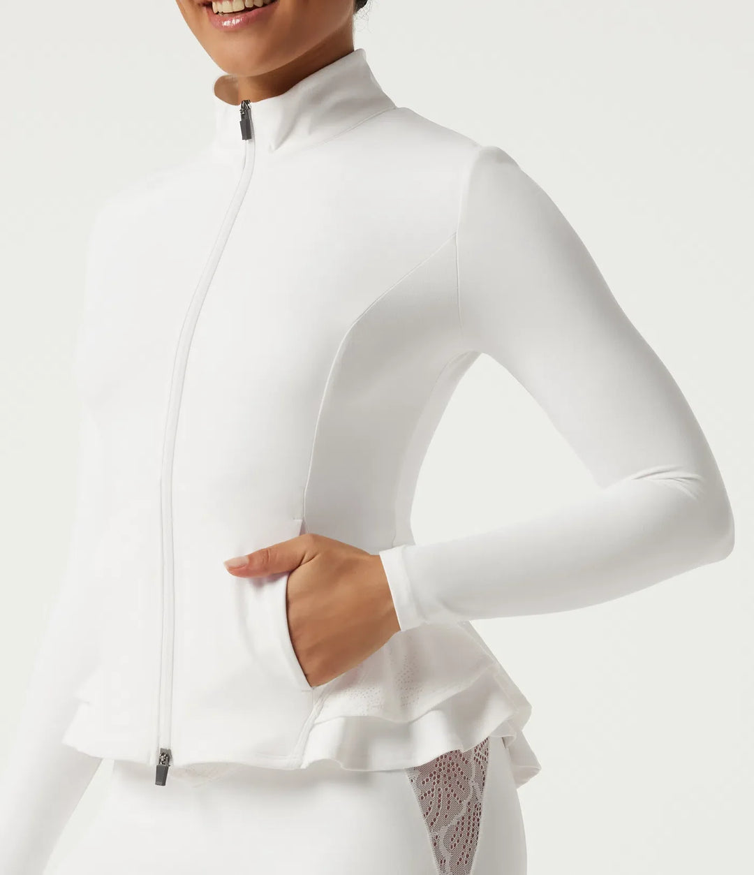 SoftlyZero High Neck Contrast Lace Ruffle Hem Yoga Jacket with Pockets