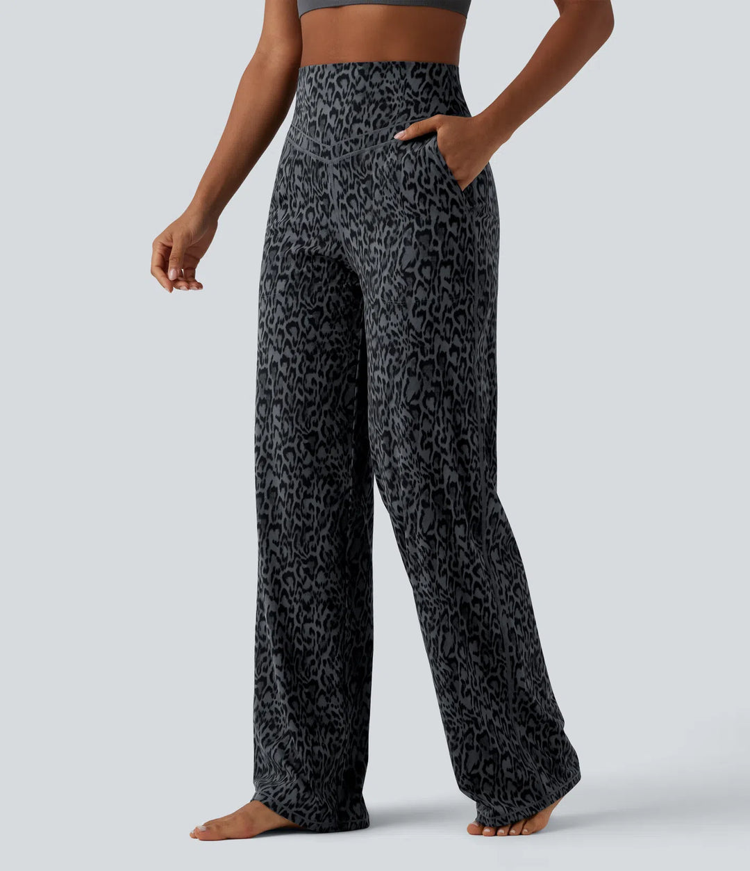 Halara UltraSculpt Leopard Print High Waisted Tummy Control Straight Leg Yoga Trousers with Pockets