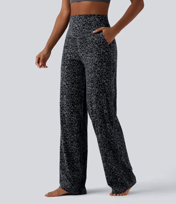 Halara UltraSculpt Leopard Print High Waisted Tummy Control Straight Leg Yoga Trousers with Pockets
