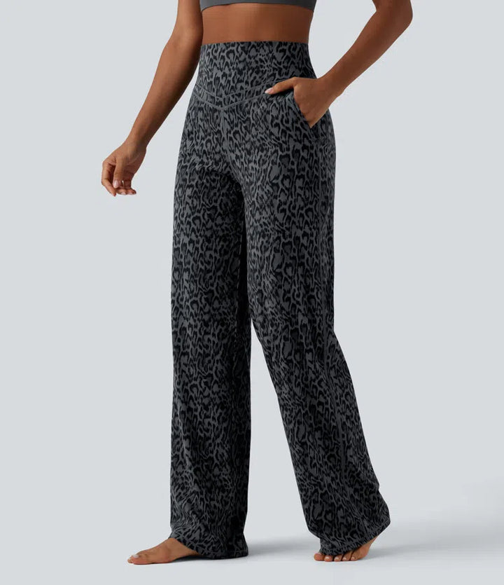 Halara UltraSculpt Leopard Print High Waisted Tummy Control Straight Leg Yoga Trousers with Pockets