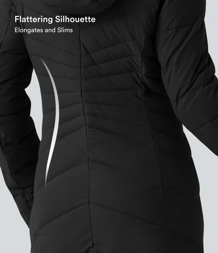 PuffFlex Hooded Longline Stretchy Casual Padded Jacket with Pockets