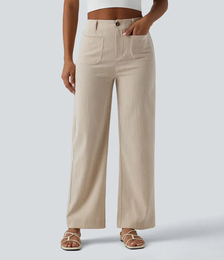 High Waisted Straight Leg Casual Linen-Feel Trousers with Pockets