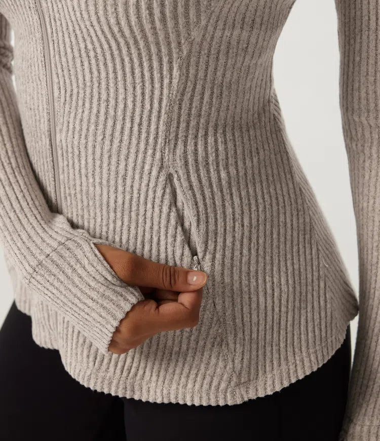 Ribbed Knit Mock Neck Long Sleeve Yoga Track Jacket with Pockets