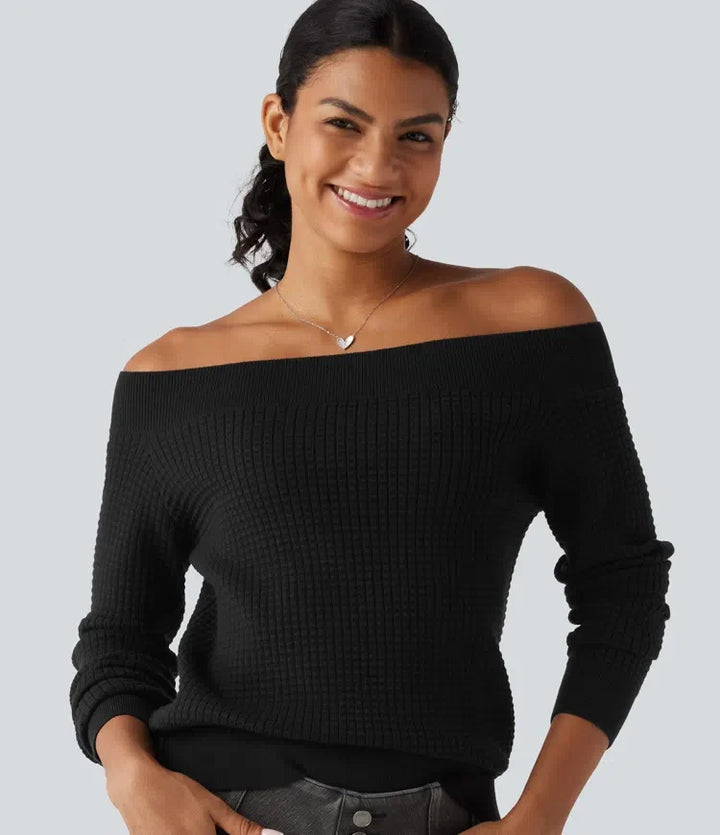 Off Shoulder Long Sleeve Casual Wool-Blend Jumper