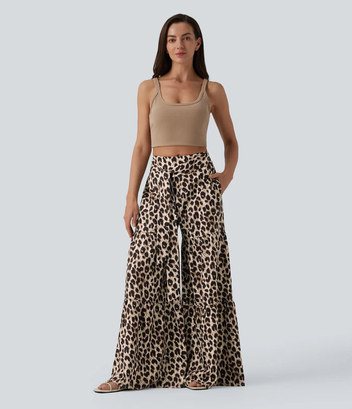 Mid Rise Tie Front Baggy Leopard Print Casual Trousers with Pockets