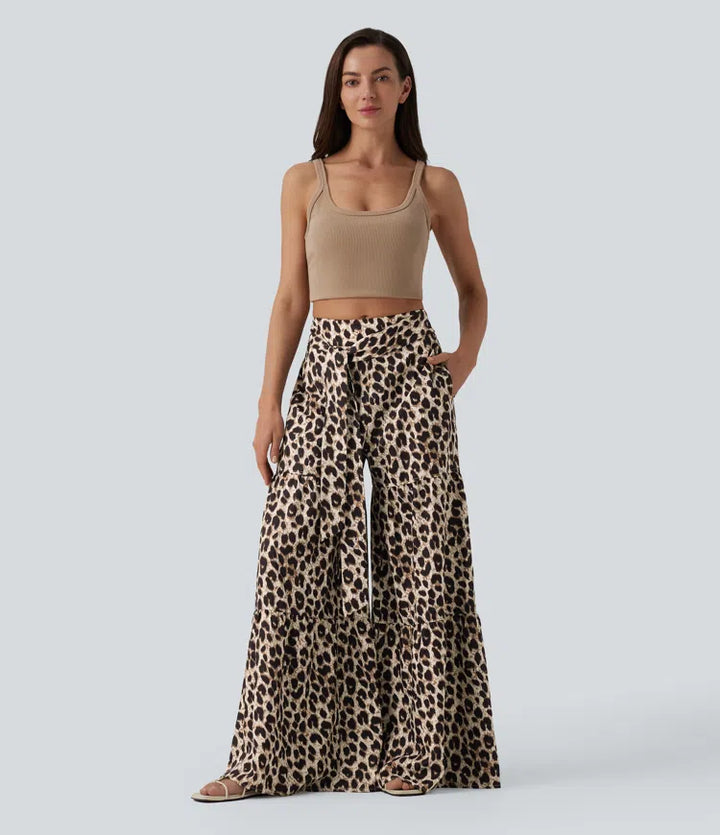 Mid Rise Tie Front Baggy Leopard Print Casual Trousers with Pockets