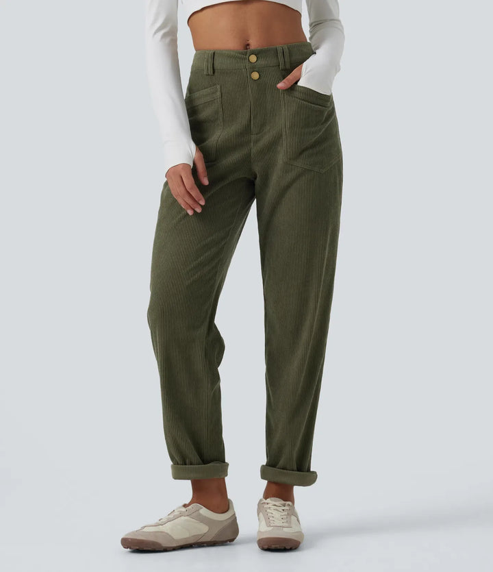 Mid Rise Tapered Corduroy Casual Trousers with Pockets