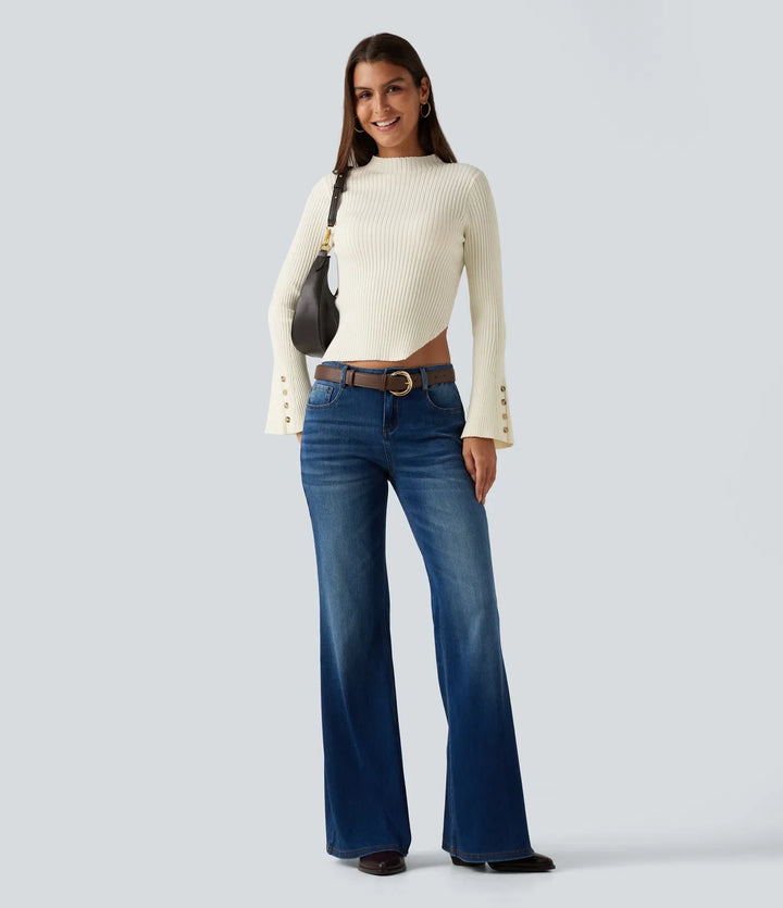 Ribbed Knit Stand Collar Flounce Sleeves Asymmetric Hem Slim Work Jumper