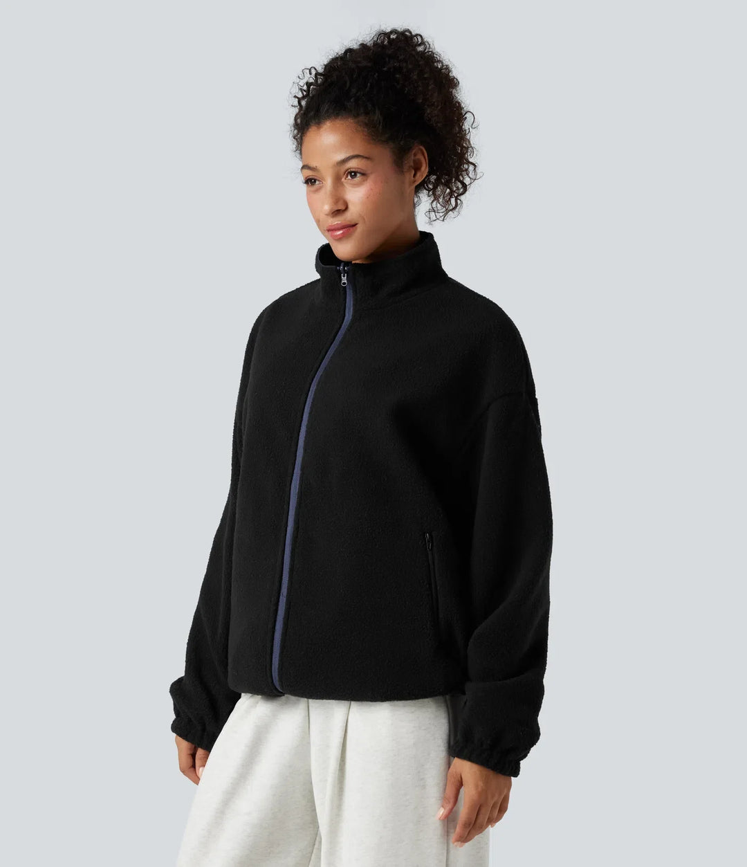 Reversible High Neck Long Sleeve Zipper Fleece Hiking Jacket with Pockets (Two Looks in One)
