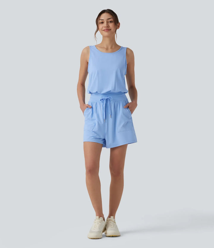 Round Neck Cut Out Drawstring InstantCool Yoga Romper with Pockets-UPF50+
