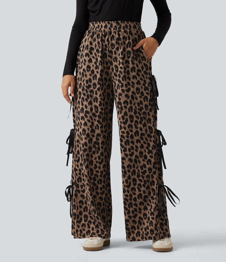 High Waisted Leopard Print Waffle Wide Leg Casual Trousers with Pockets