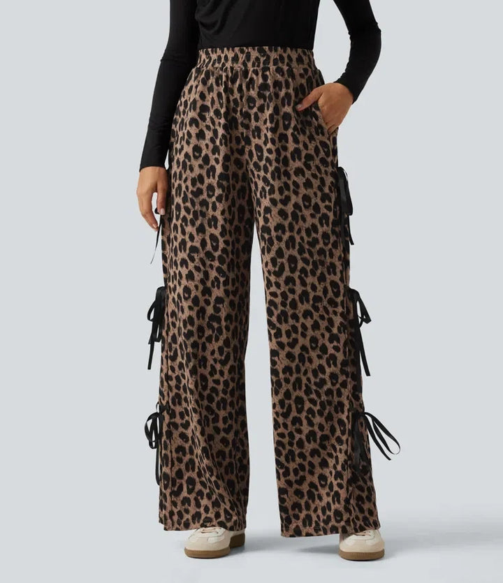 High Waisted Leopard Print Waffle Wide Leg Casual Trousers with Pockets