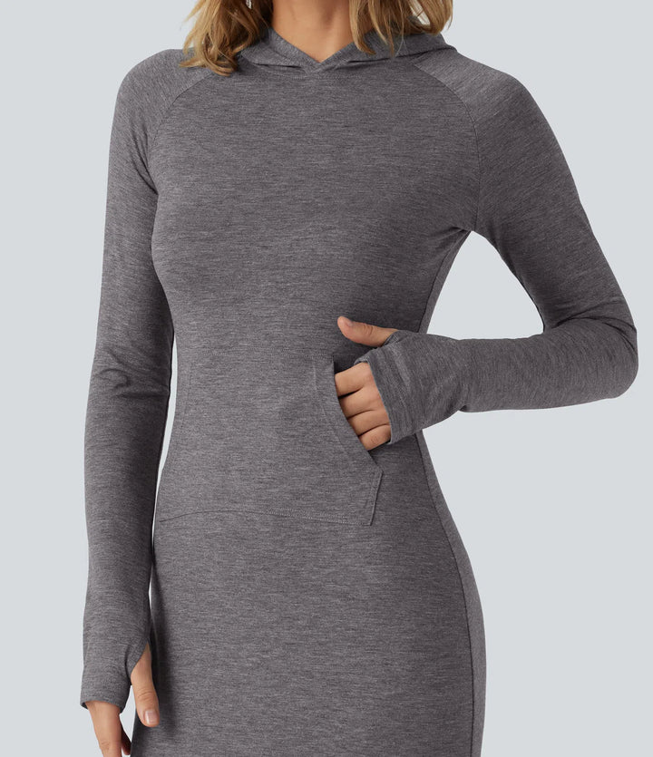 Hooded Long Sleeve Thumb Hole A-Line Maxi Casual Dress with Pocket