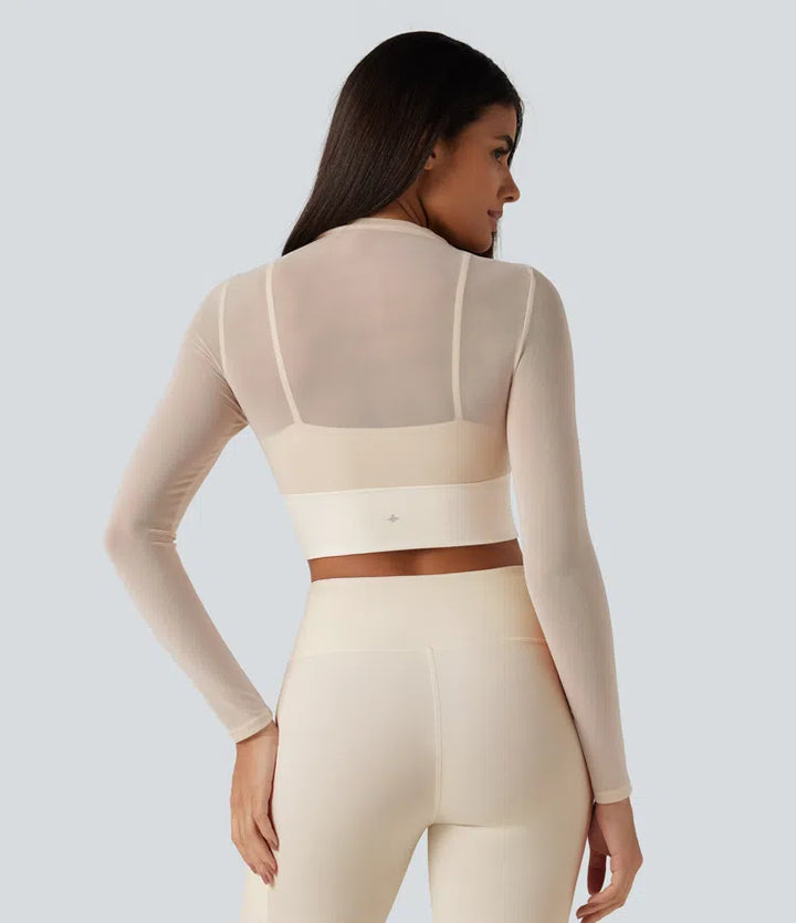 Mock Neck Long Sleeve Non-Removable Pad Mesh Cropped Yoga Sports Top