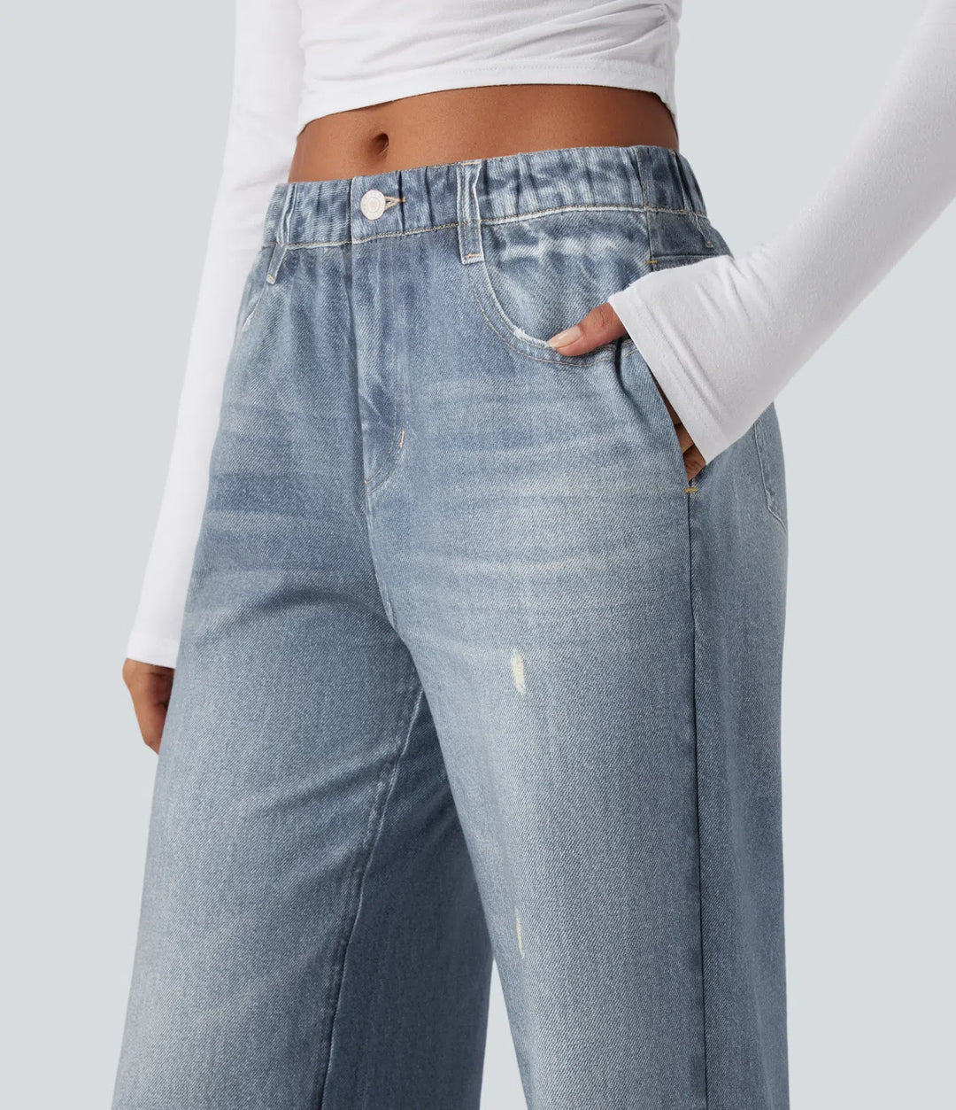 Mid Rise Denim Print French Terry Casual Sweattrousers Jeans with Pockets