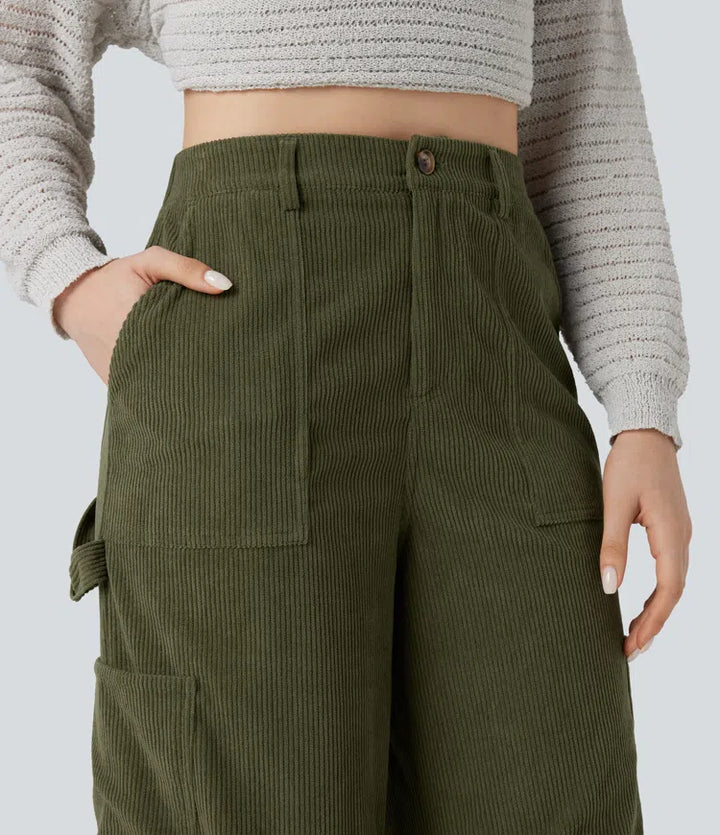 High Waisted Straight Leg Corduroy Casual Trousers with Pockets