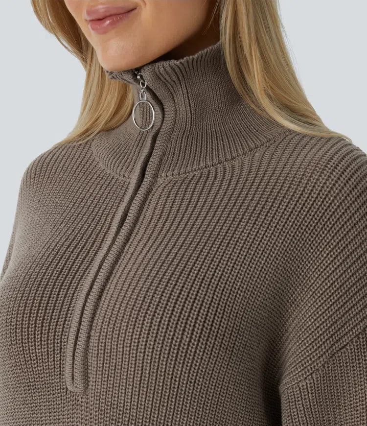 Funnel Neck Half Zip Long Sleeve Casual Jumper