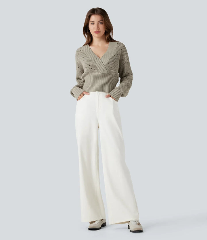 V-neck Long Sleeve Hollow Out Work Jumper