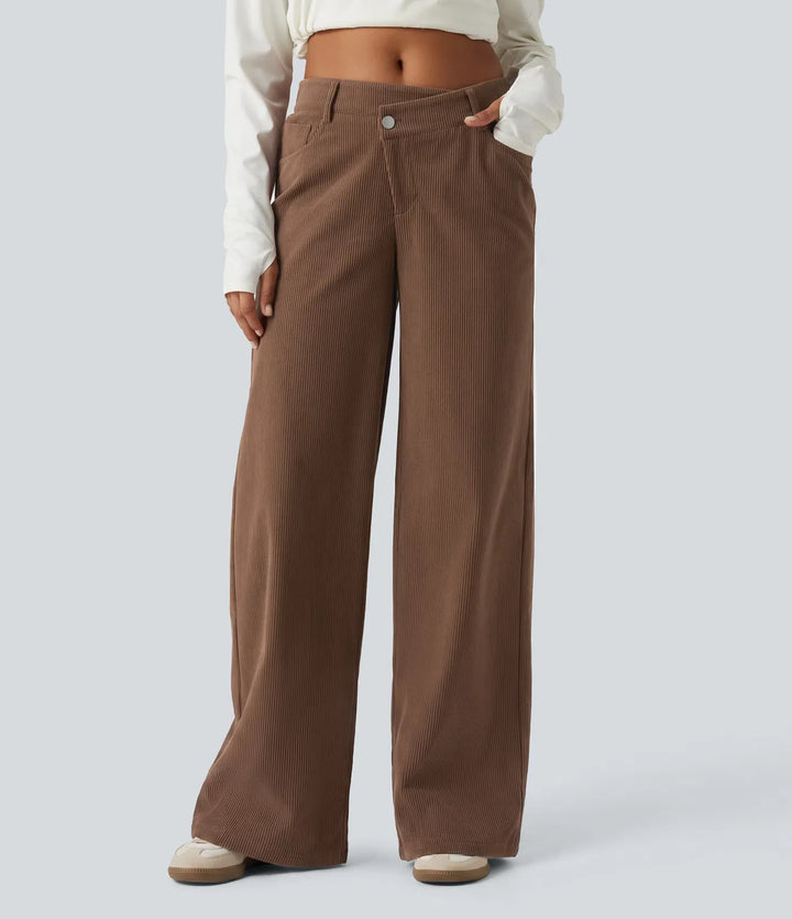 Mid Rise Asymmetric Wide Leg Corduroy Casual Trousers with Pockets